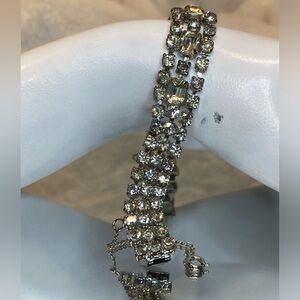 Vintage Antique Three Layer Rhinestone Bracelet with Safety Chain 7”